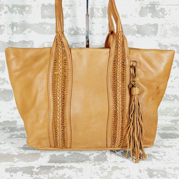 Tan Leather Tote Bag with Tassel - Picture 2 of 15